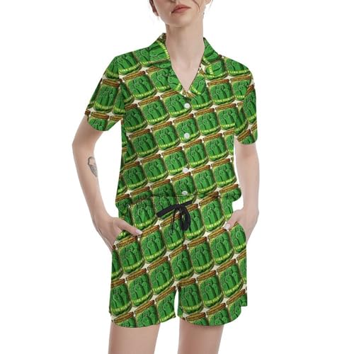 Image of Funny Pajamas for Women Set Print Satin Loungewear Pjs Short Sleeve Button Down Top and Shorts Sets Sleepwear XS-3XL
