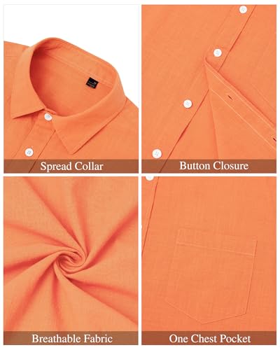 J.VER Herren Leinenhemd Kurzarm Sommerhemd Freizeithemd Kurzarmhemd Men´s Shirt Herren Klassisches Sommer Leinenshirt mit Brusttasche,Orange,L