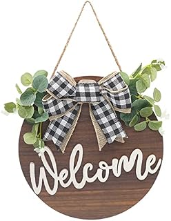 Welcome Sign for Front Door Rustic Round Wooden Welcome Wreaths Vintage Welcome Wall Sign with Flowers and Bow for Farmhouse porch Front Door Decoration (Coffee)