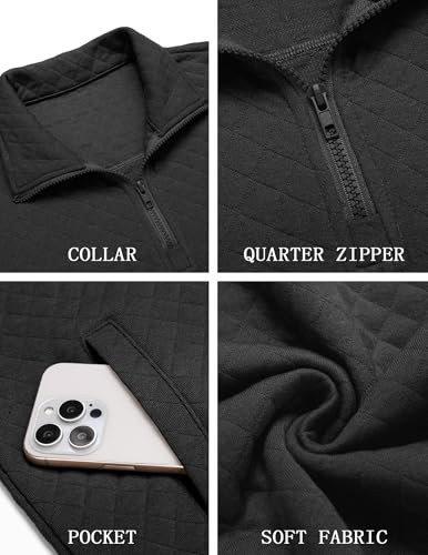 COOFANDY Mens Quarter Zip Pullover Quilted Sweatshirt Knit Long Sleeve Mock Neck Sweater Polo with Pocket A-black - Image 5