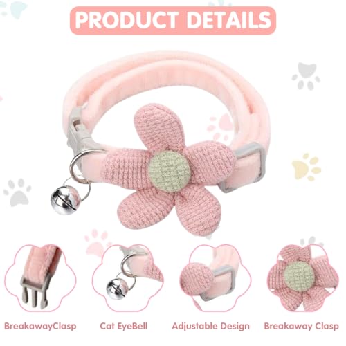 Image of HASTHIP Cat Belt, Cat Collar with Bell, Pink Flower Cat Collar Soft & Comfortable Cute Pet Collar Silver Cat Bell Adjustable Cat Neck Belt