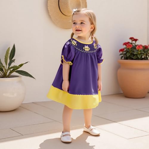 Toddler Baby Girl Dress College Football Game Day Outfit Puff Short Sleeve Smocked Bubble Dresses Playwear2