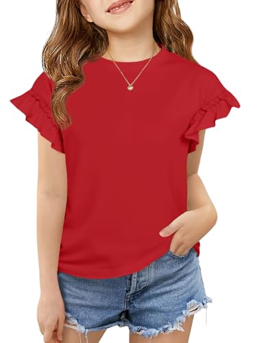 Image of Haloumoning Girls Ruffle Short Sleeve T Shirts Kids Summer Crewneck Tops Cute Tees Blouse 5-14 Years