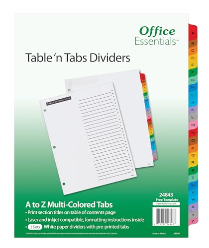 Intercalaires A-Z multicolores format lettre 21,6x27,9 cm Office Essentials