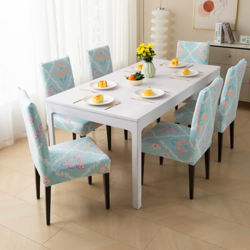 Image of House of Quirk Elastic Chair Cover Stretch Removable Washable Short Dining Chair Cover Protector Seat Slipcover (Pack of 1, Gulshan Sky)