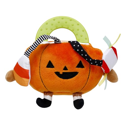Image of Halloween 5 inch Plush Activity Toy with Crinkle, Rattle, Teether for Baby, Orange Pumpkin Jack-o-Lantern with Candy Pieces