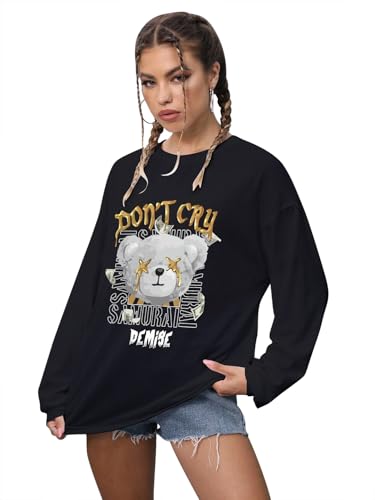 Image of CHKOKKO Oversized Round Neck Drop Shoulder Printed Polyester Full Sleeves T-Shirt for Women