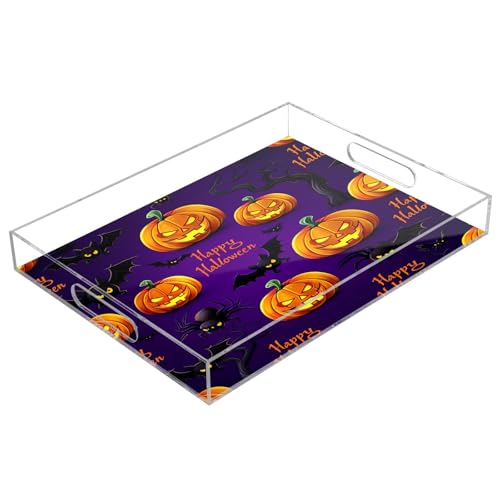 BOESI Halloween Pumpkins and Bats Acrylic Decorative Dining Tray, Acrylic Decorative Tray Organizer with Handle for Kitchen, Dining Room, Bathroom, Dresser