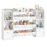 SONGMICS Kinderregal, Spielzeug Aufbewahrung, Spielzeugregal, Montessori Regal, 4 offene Fächer, 9 mittlere und 2 seitliche Boxen, für Kinderzimmer, 30 x 143,8 x 104 cm, wolkenweiß GKR062WB01