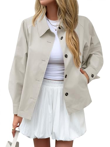 Tankaneo Womens Oversized Cropped Trench Coat Batwing Sleeve Single Breasted Lapel Casual Jackets Fall Button up Outerwear