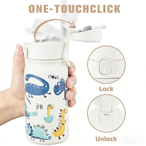 Image of GOPPUS Kids 12oz Insulated Stainless Steel Water Bottle, Leakproof Vacuum Tumbler with Carry Handle, Fits Cup Holders, Reusable Water Bottle for School Outdoor, Boys & Girls（White Dinosaur）