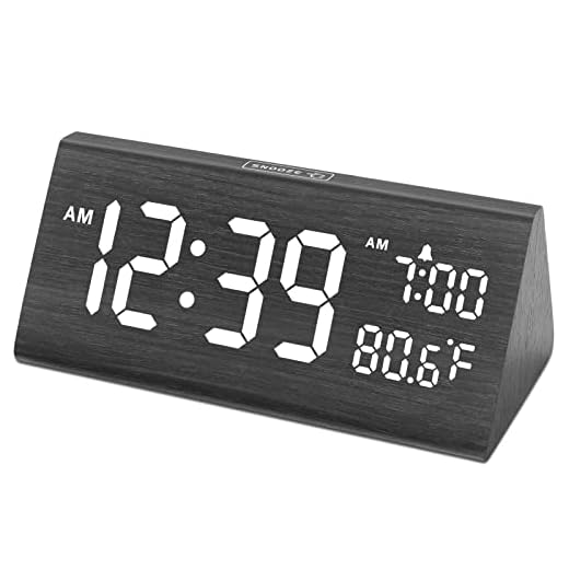 DreamSky Wooden Digital Alarm Clock for Bedroom - 7.7" Electric Clocks with USB Port, Large Numbers, Temperature, 0-100% Brightness Dimmer, Adjustable Alarm Volume, Snooze, 12/24H