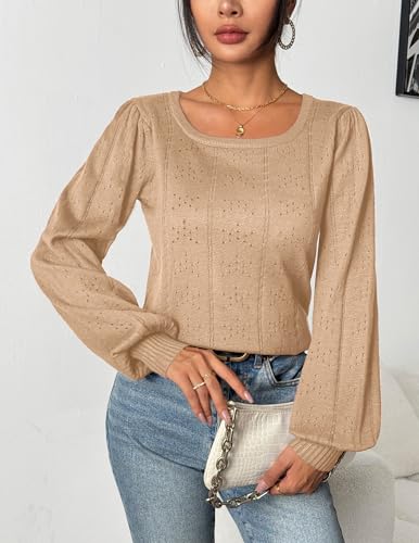 Image of HOTOUCH Sweaters for Women 2026 Fall Trendy Tops Casual Puff Sleeve Square Neck Cute Tunic Pullover Blouses XS-XXL