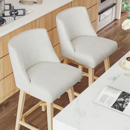 Image of Swivel Counter Height Bar Stools Set of 6, Modern Fabric Swivel Barstools with Contoured Back and Solid Wood Legs, Upholstered Counter Stool Bar Chairs for Kitchen Island, Home Bar, Cream