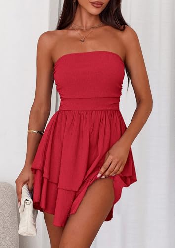 Image of PRETTYGARDEN Women's 2026 Summer Strapless Tube Mini Dress Off Shoulder Smocked Ruffle A Line Flowy Short Party Club Dresses