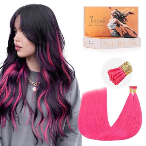 DOORES Hot Pink Hair Extensions 25g/25s 18 Inch I Tip Human Hair Extensions Natural Straight