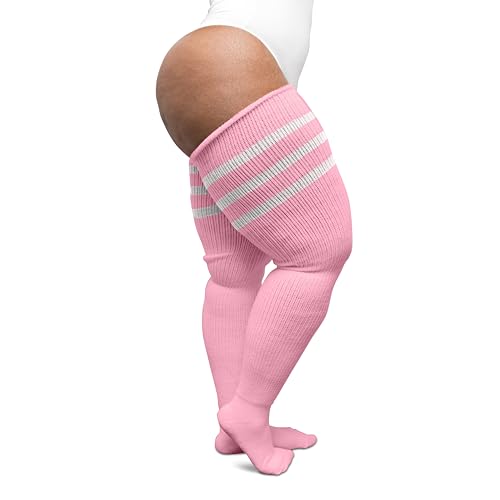 Image of Thunda Thighs Plus Size Striped Thigh High Socks, Over the Knee High Boot Stockings Leg Warmers, Extra Long & Thick Socks (Pastel Pink & White)