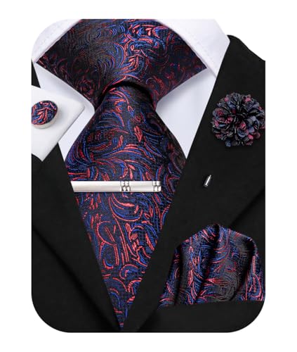Image of Hi-Tie Black Red Blue Jacquard Neckties for Men Classic Woven Tie and Pocket Square Lapel Pin Silver Tie Clip Cufflinks Set Wedding Business 6PCS