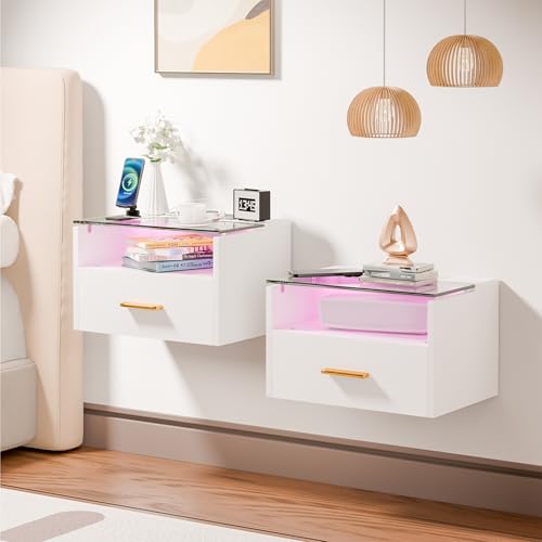 Ztexkee Juego de 2 Mesita de Noche Flotante Mesilla de Noche Suspendida con Enchufe y Tira de luz RGB Cristal Mesitas de Noche con 1 Cajón y 1 Compartimento para Dormitorios, Salones,Blanco