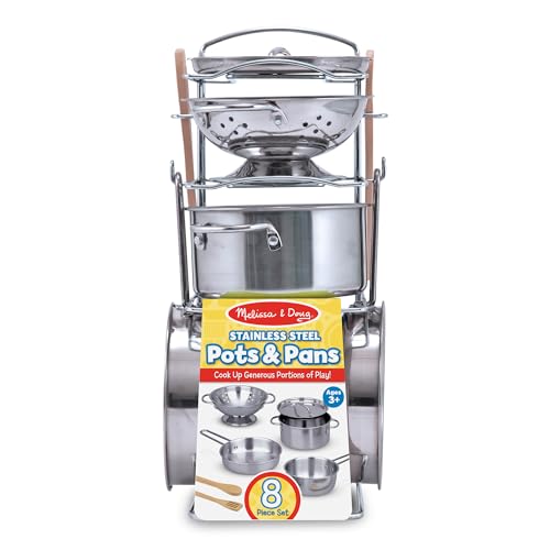 melissa amp doug stainless steel pots amp pans 8 piece play kitchen set premium play kitchen accessories amp cooking utensils preschool toys for kids 3