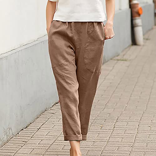 Image of LRMQS Cotton Linen Pants Women Casual Summer 2026 Trendy Loose Fit Beach Wide Straight Leg Trousers with Side Pockets