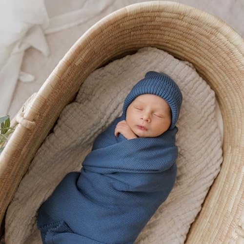 Image of Baby Gift Set - Organic Cotton Newborn Blanket Essentials, Baby Boy Gifts Newborn, for Boys (Luxe - Denim Blue)