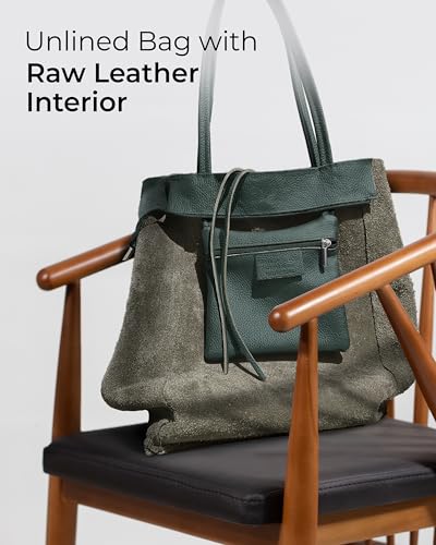 Image of Genuine Italian Leather Tote Bag for Women, Large Slouchy Purse, Dark Green | Unstructured bag, raw unlined interior with zip pocket, top zipper, side ties, folds flat, fits a 16-inch laptop, lightweight