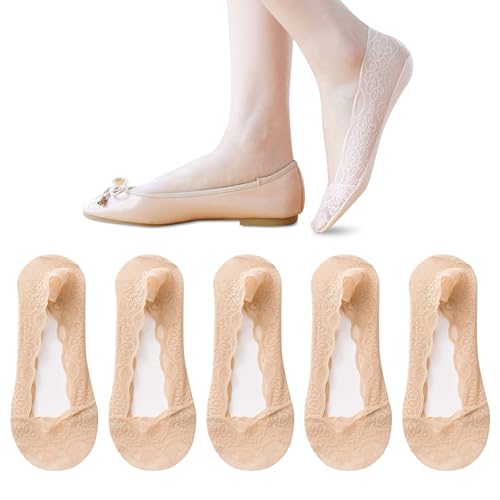 Image of 5 Pairs Low Cut Lace Socks - Ice Silk Thin No Show Non-Skid Boat Socks for Women & Girls