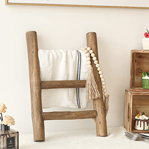 Fuin Fully Assembled Wooden Tea Towel Ladder, Mini Ladder Towel Rack Display Hanger, Small Rustic Farmhouse Tea Towel Stand Holder For Country Bathroom Decor, Brown #TOP1