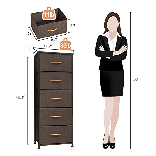 Crestlive Products Vertical Dresser Storage Tower - Sturdy Steel Frame, Wood Top, Easy Pull Fabric Bins, Wood Handles - Organizer Unit For Bedroom, Hallway, Entryway, Closets - 5 Drawers (Brown) #TOP2