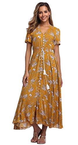 Image of VintageClothing Women's Floral Maxi Dresses Boho Button Up Split Summer Casual Long Dress Beach Party Dress