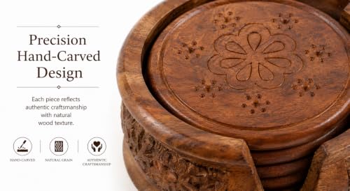 Image of Beautifully Handcrafted Wooden Coaster Set with Decorative Holder | Drink Coasters for Tea, Coffee Mugs & Bar Glasses | Authentic Indian Handicraft