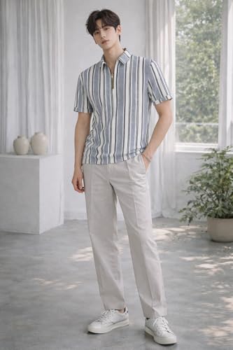 Image of London Hills Men's Loose Fit Half Sleeve Vertical Striped Polo T-Shirt with Zip Collar | Premium Polyester Fabric | T Shirt for Man | Tshirt | Shirts Men | Tshirt for Man | Men T-Shirts