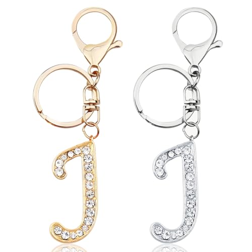 VIQWYIC 2 Pack Initial Letter Keychain for Women Girls, Bling Rhinestones A-Z Alphabet Keyring Handbags Purse Waterbottle Charms (J-Gold&Silver)