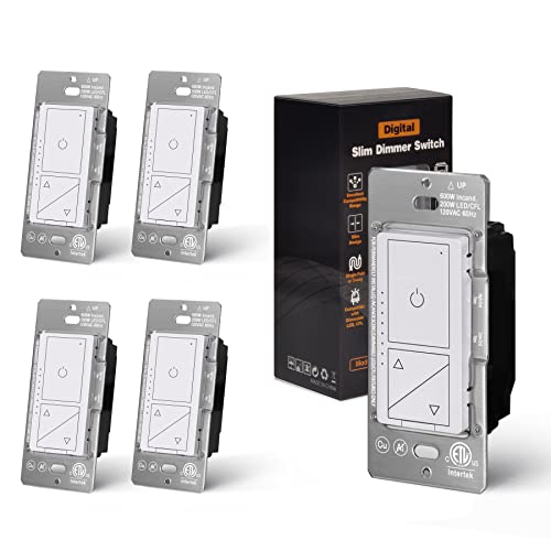[5 Pack] BESTTEN Digital Dimmer with Air Gap Power Cut Off Switch, Super Slim Design, 3 Button Control and MCU Smart-chip Technology, Single Pole or 3 Way Dimmer Light Switch, ETL Listed, White