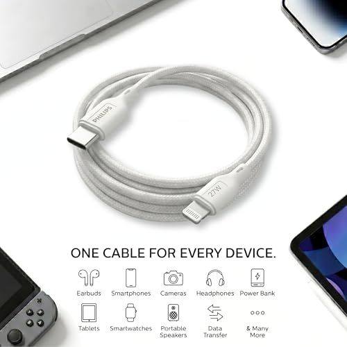 Image of PHILIPS DLC4130LW /94 27W iPhone Original Type-C to Lightning Fast Charging Cable (1m, Bright White) | MFi Certified | 480Mbps | Nylon Braided | Compatible with iPhone & Other Lightning Devices
