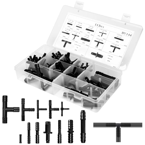 Zuxbolf 113-teiliges Schlauchverbinder Set T Stück Verbinder 12 Größen Schlauch Verbindungsstück Universelles Bewässerung Zubehör für Garten Tropfschlauch wasserdicht & langlebig aus Kunststoff