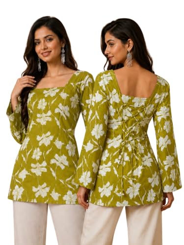 Image of Rayon Floral Print Short Kurti for Women | Square Neck Long Sleeve Top for Women | Criss Cross Back Desing Kurti | Soft Breathable Fabric | Relaxed Fit | Casual and Office Wear