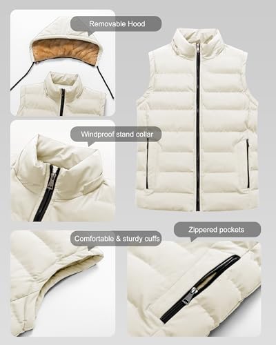 Chrisuno Men's Winter Vest Lightweight Warm Sleeveless Jacket Fleece Lined Quilted Puffer Vests with Removable Hood, White, L