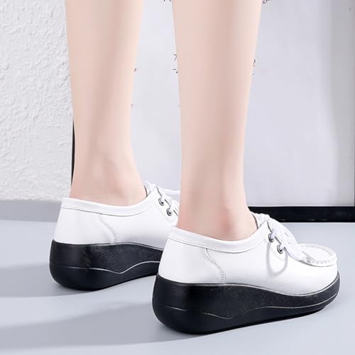 Image of Women's Leather Lace up Slip On Platform Loafers,Comfortable Arch Support Round Toe Wedge Moccasins Non-Slip Increase Height Nurse Work Shoes