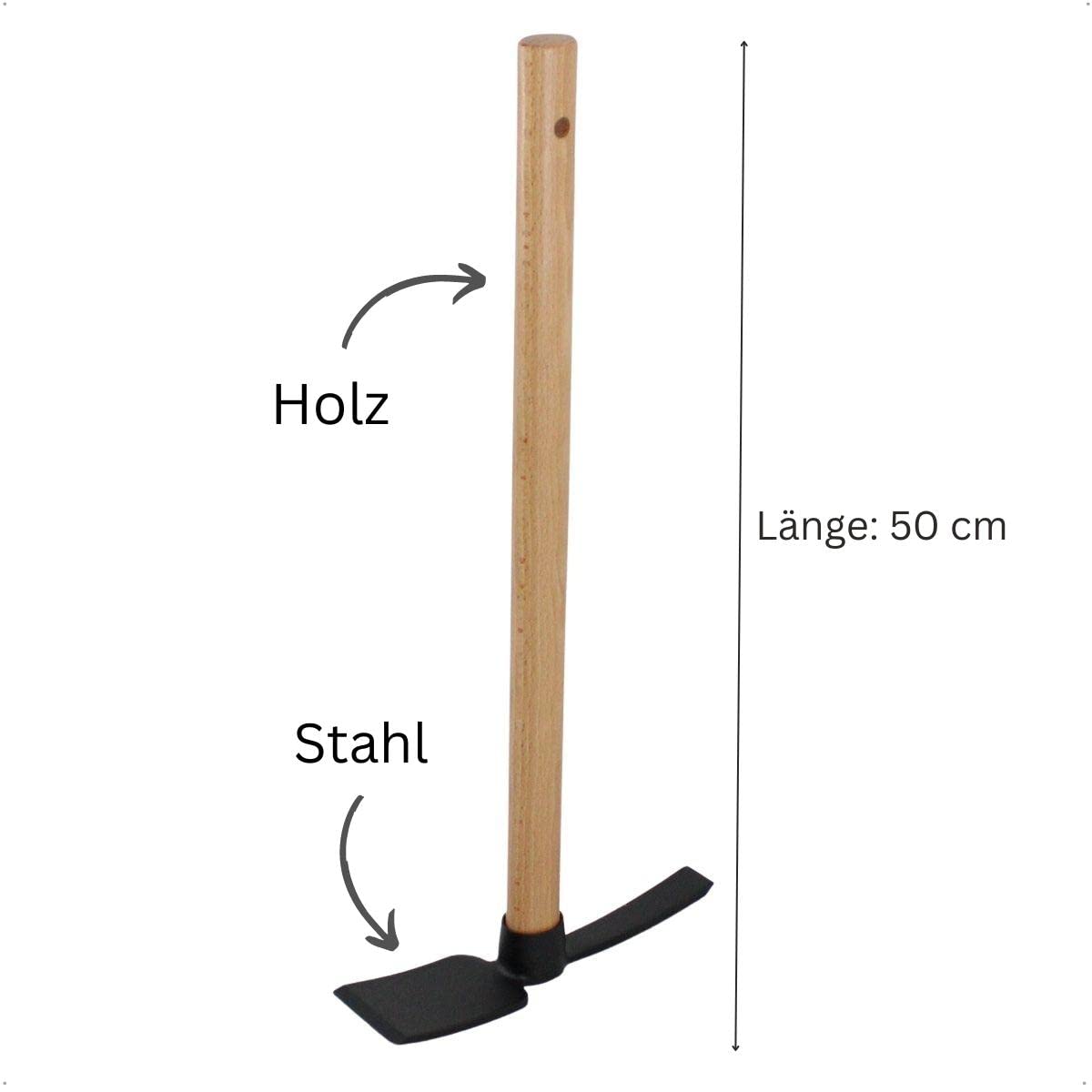Kleinhacke aus Stahl mit 47 cm Holz-Griff und Aufhängeloch, Gesamtlänge 50 cm, Arbeitsbreite schmales Blatt 2,5 cm; breites Blatt 6 cm - Gartenhacke, Kombihacke, Gartenwerkzeug