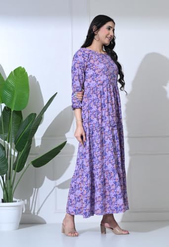 Image of Amazon Brand - Tavasya Women Botanical Floral Printed Maternity Midi Dress | Round Neck | 3 /4 Ruffle Sleeves | Concealed Feeding Zip | Gathered Tiered Nursing Dress