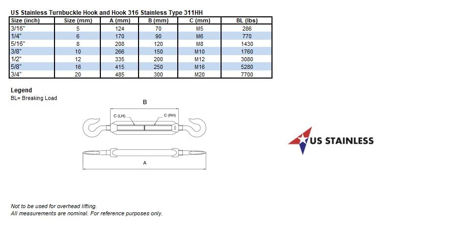 US Stainless Tensores para Cables de Acero 316 con Gancho y Gancho 3/16" Grado Marino miniatura 2
