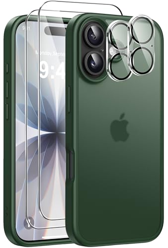 Guisessy 5 en 1 Funda para iPhone 17 con 2 Protector de Pantalla y 2 Protector Lente Cámara, Protección Militar PC Resistente Translúcida Antigolpes Antiarañazos Phone Carcasa, Verde Oscuro