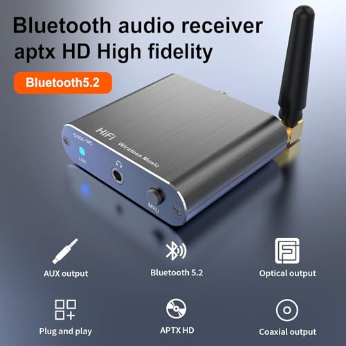Bluetooth 5.2 Wireless Audio Transmitter Receiver Adapter for Home Stereo, Speakers and Headphones, Support Aux, Coxial and Optical Outputs