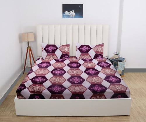 Image of RD TREND 360 Fitted Bedsheets Double Size 72x60x8 Inch, Solid Elastic Bedsheets for Queen Size Bed with 2 Pillow Covers-18x28 Inch (Purple), 210 TC