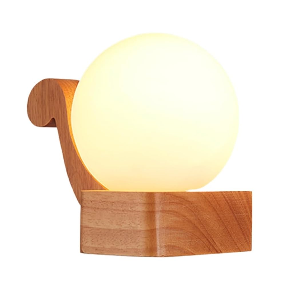 HUAYUSEDF Bedroom Bedside Living Room Hallway Wall Lighting - Wood Sconce Nordic Lamp with Milk White Lampshade Globe Glass Mounted Light, 19cm(Left)