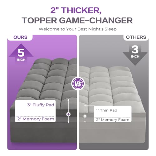 SINWEEK Dual Layer 5 Inch Memory Foam Mattress Topper Queen Size, 2 Inch Gel Memory Foam Plus 3 Inch 1450 GSM Down Alternative Quilted Pillow Top Mattress Pad Cover, Dark Gray by SINWEEK - Image 2