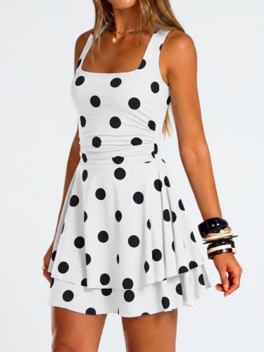 Image of Trendy Queen Women Mini Summer Party Homecoming Beach Vacation Sun Dresses | Birthday Square Neck Flowy Short Sundress, 2026 Cruise Outfits, Athletic Cute Clothes, Date Night Club Resort Wear
