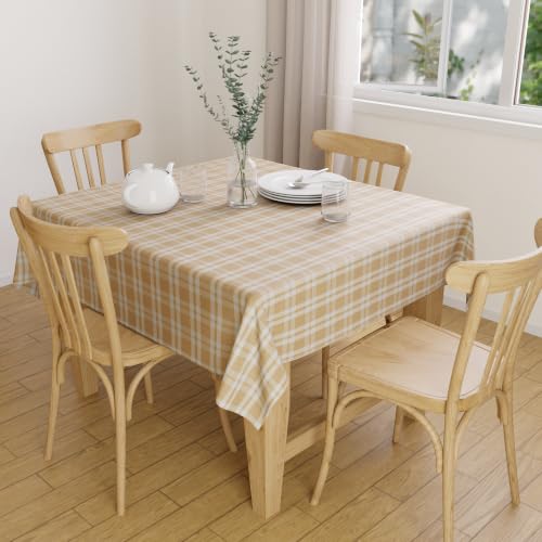 Image of Encasa XO Cotton Square Table Cloth for 4 Seater | (145x145 cm) | Franca Beige Checks | Dining Tablecloth for Decoration